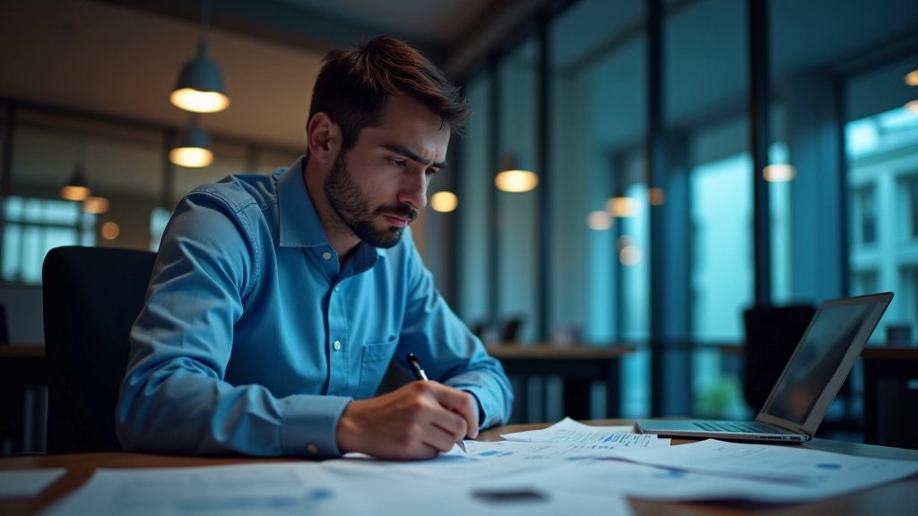 Siber güvenlik analisti, masasında yazılı raporlar ve not defterleri var, tehdit analizi yapıyor, odaklanmış ifade, modern ofis
