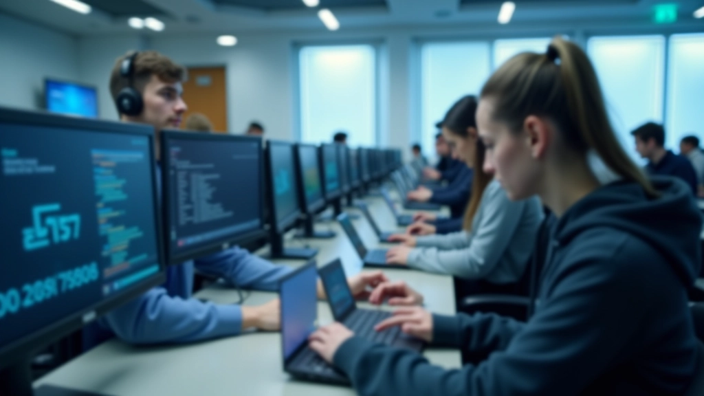 Üniversite bilgisayar laboratuvarı, öğrenciler dizüstü bilgisayarlar üzerinde çalışıyor, siber güvenlik eğitimi, sınıf ortamı