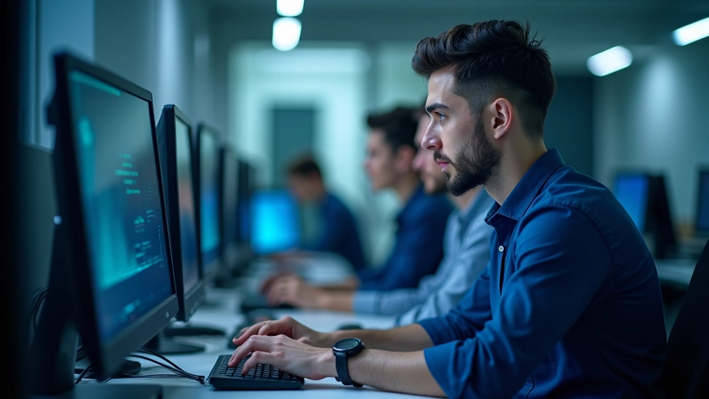 Üniversite bilgisayar bilimleri laboratuvarı, öğrenciler ağ güvenliği lab çalışması yapıyor